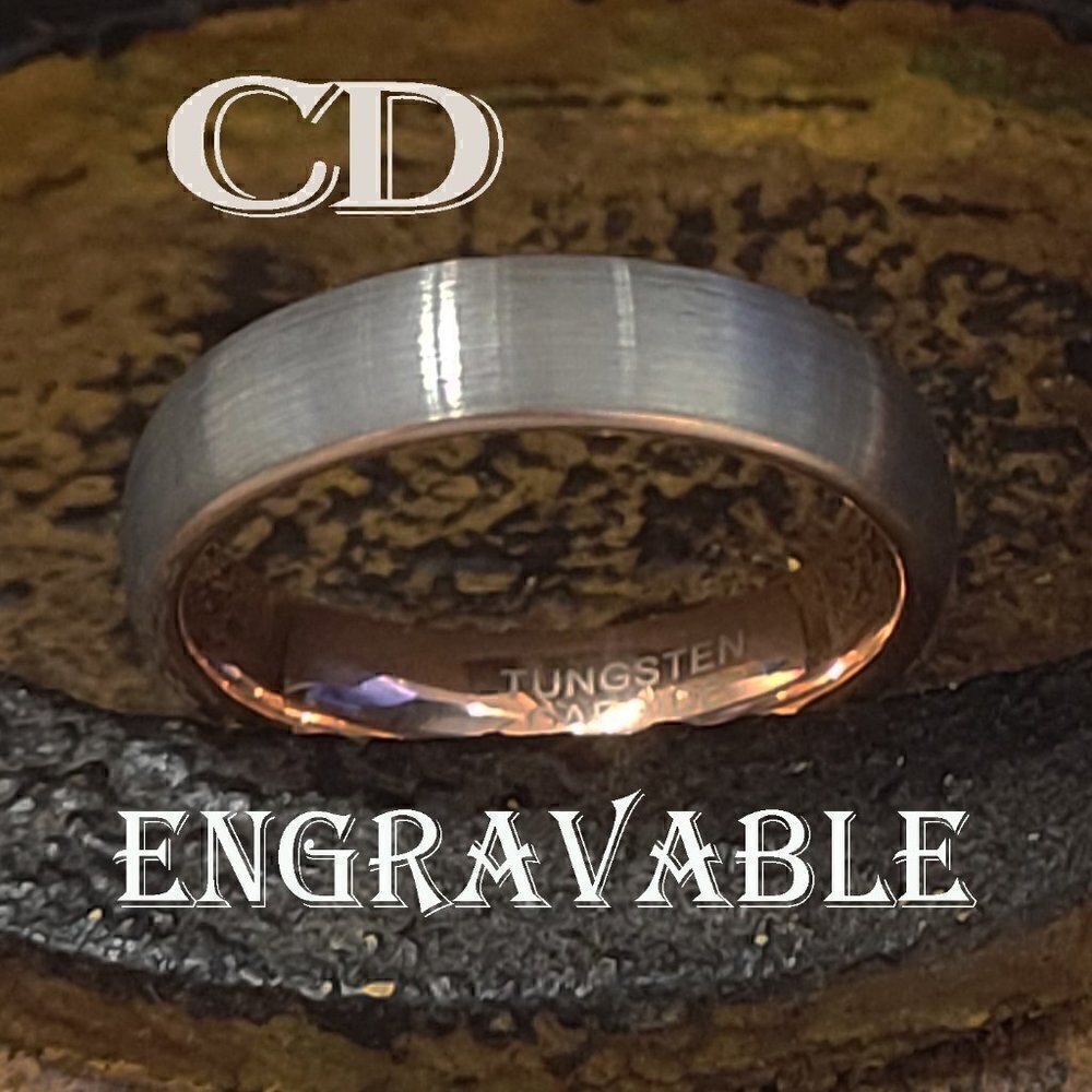 Engraved Men's Silver and Rose Gold Tungsten Wedding Ring